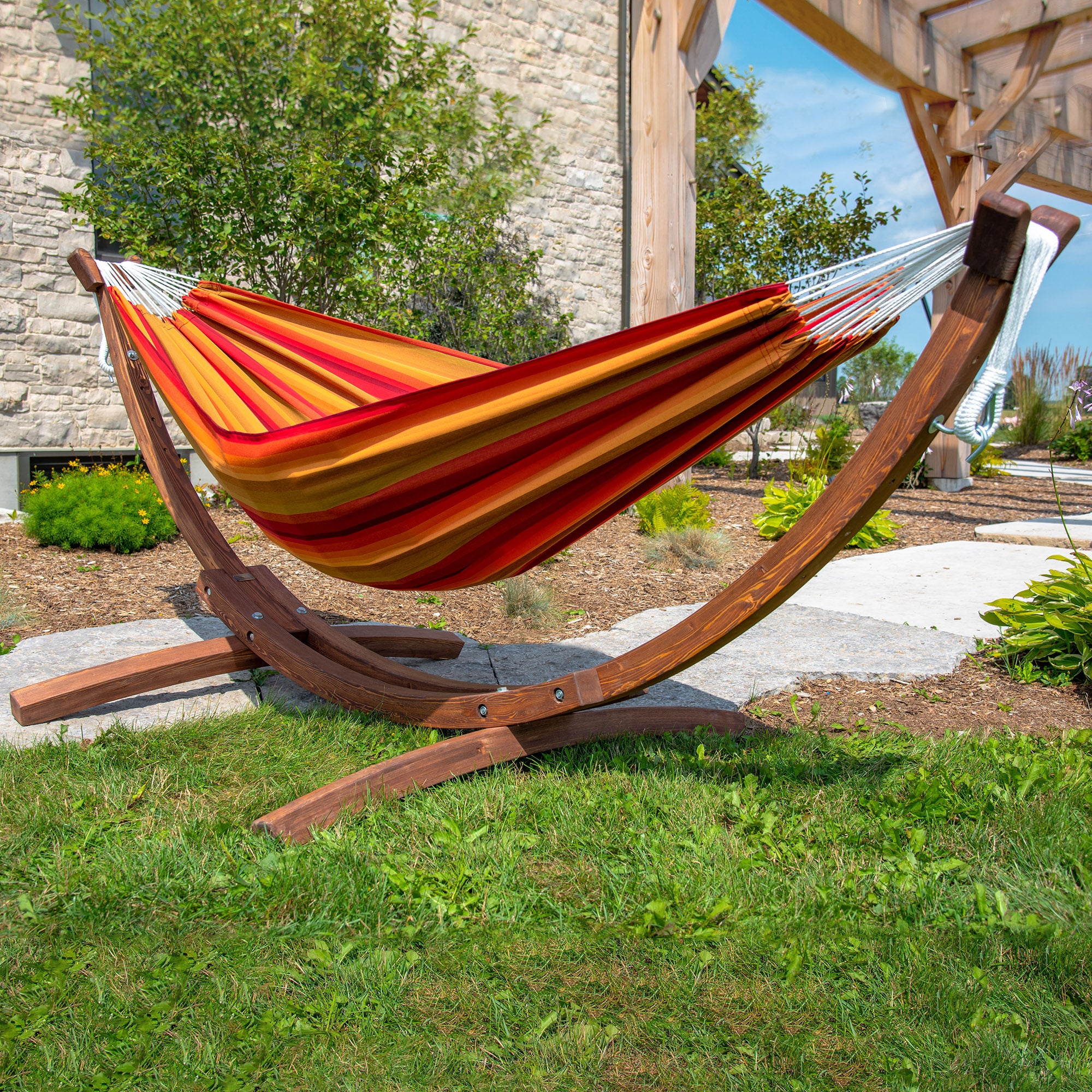 Double Sunbrella® Hammock with Solid Pine Stand (8ft/260cm) - Sunset