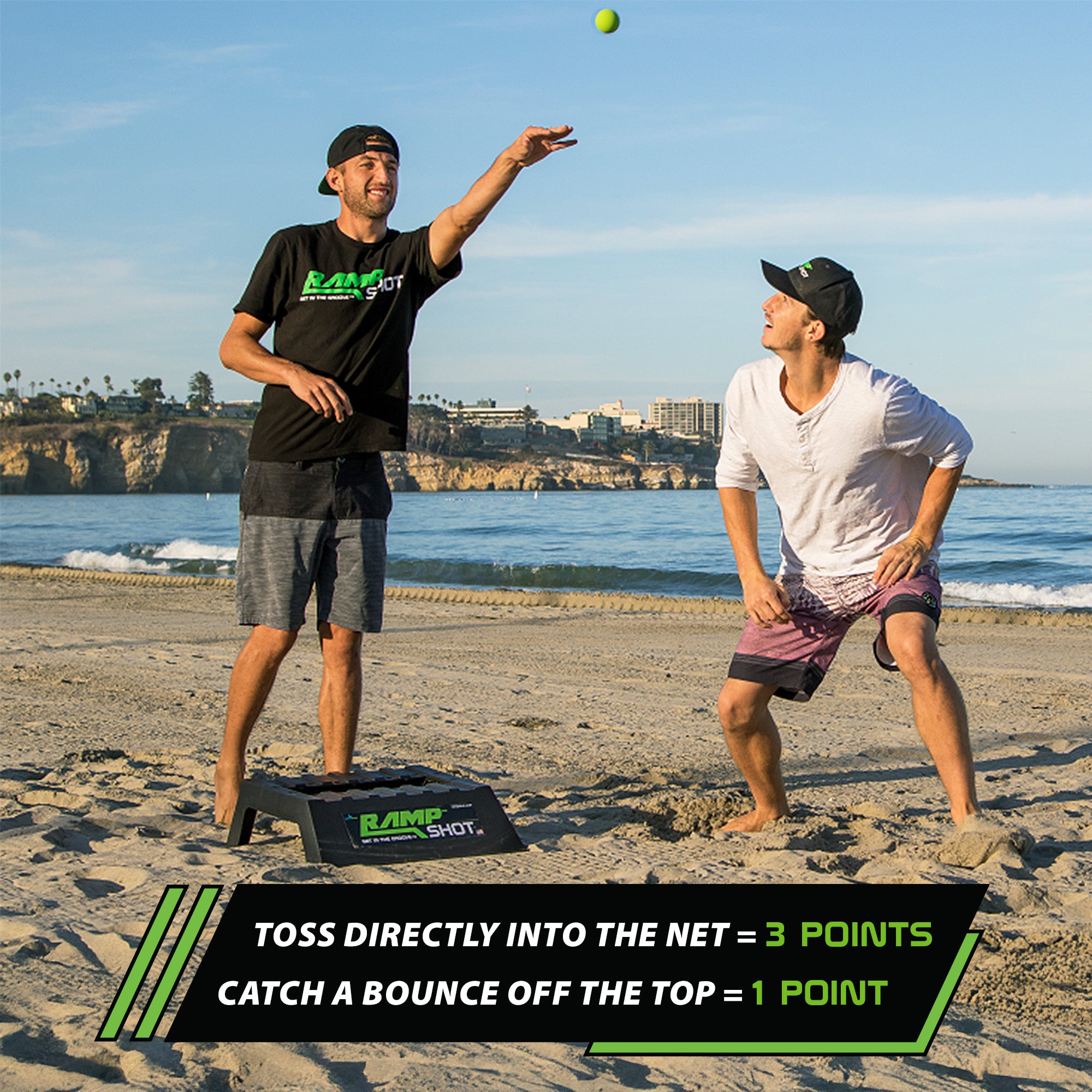 two friends playing rampshot next to ramp on a beach