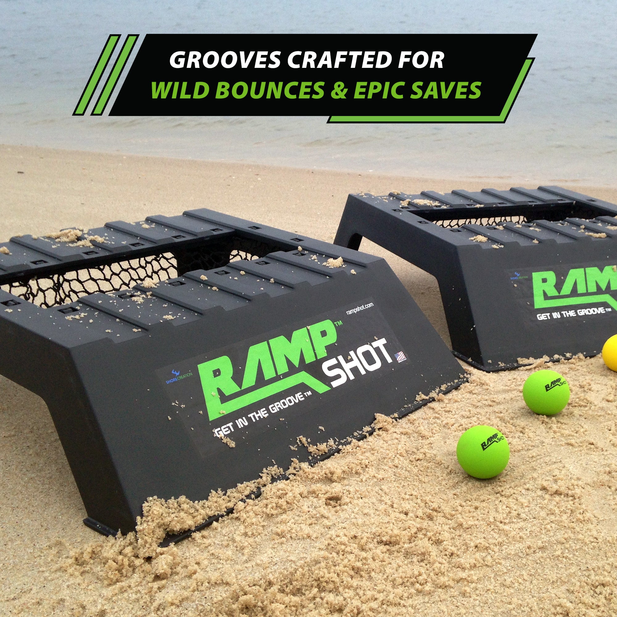 two rampshot ramps and green balls on a beach