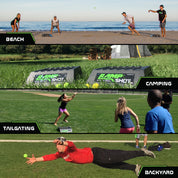 people playing rampshot on a beach, at a tailgate, while camping, and in a backyard