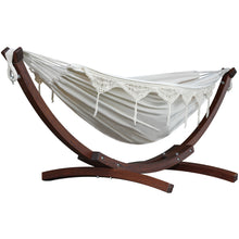 Load image into Gallery viewer, Double Cotton Hammock with Solid Pine Stand (8ft/260cm) - Natural with Fringe
