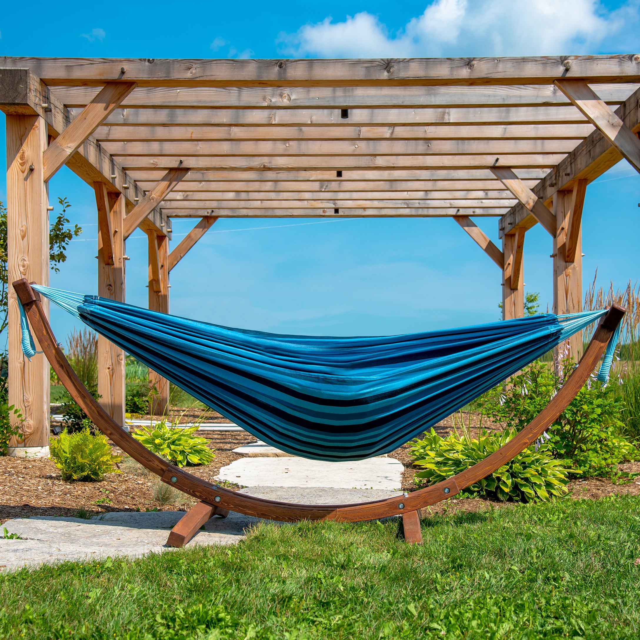 Double Cotton Hammock with Solid Pine Stand (8ft/260cm) - Blue Lagoon