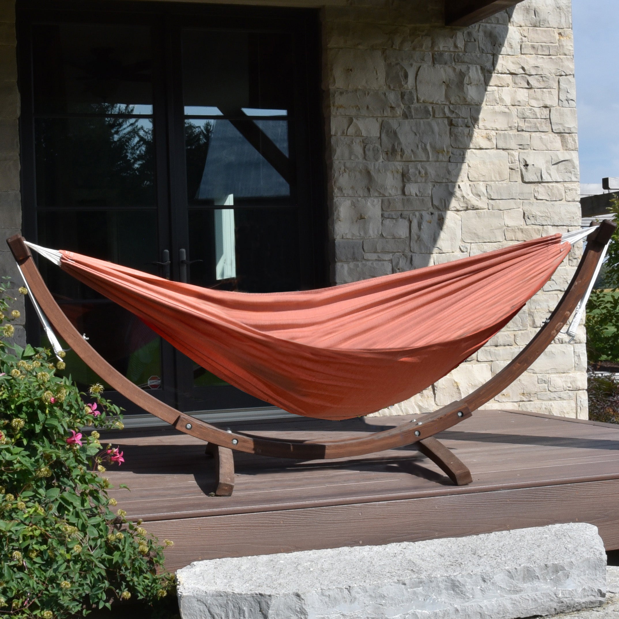 Double Sunbrella® Hammock with Solid Pine Stand (8ft/260cm) - Coral