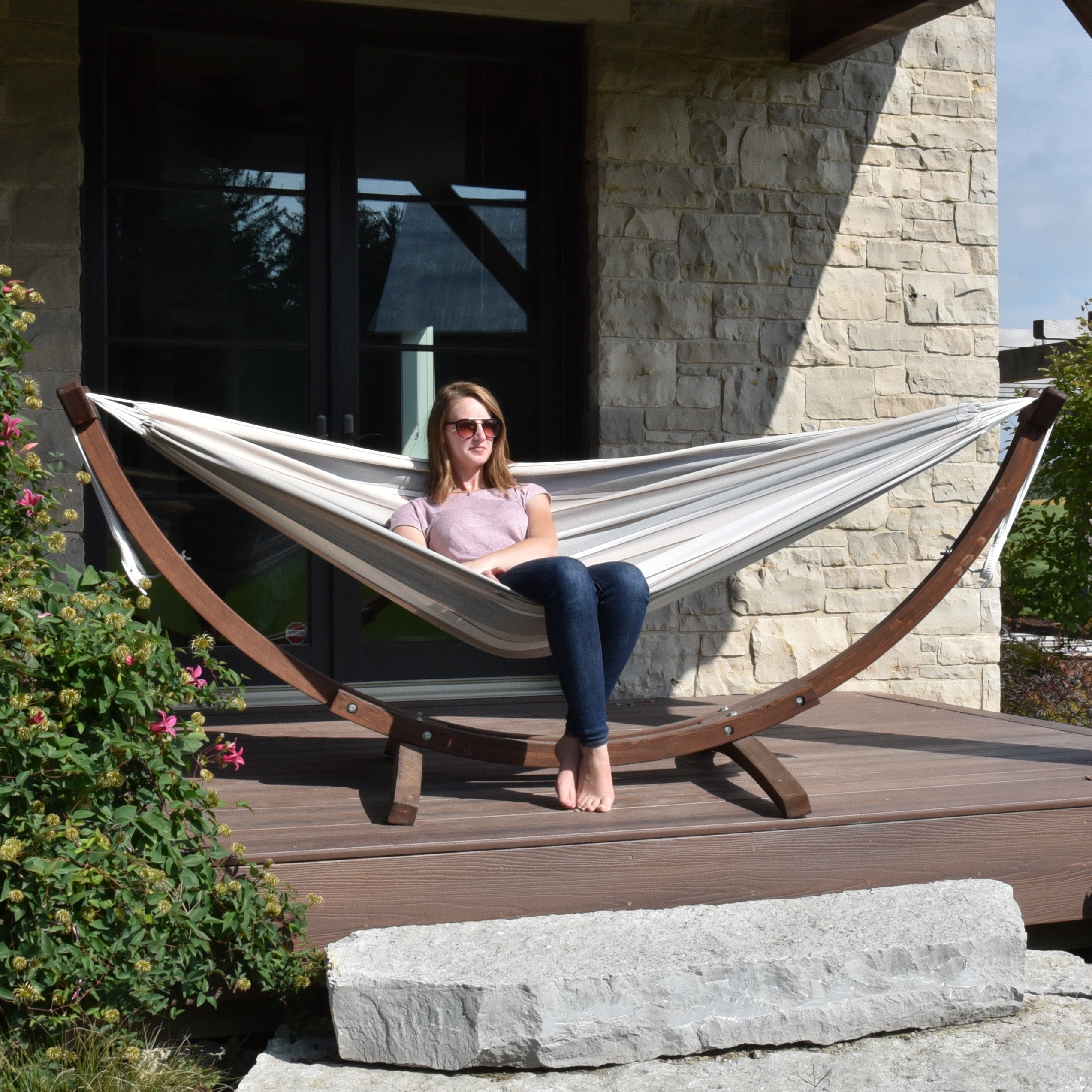 Double Sunbrella® Hammock with Solid Pine Stand (8ft/260cm) - Dove