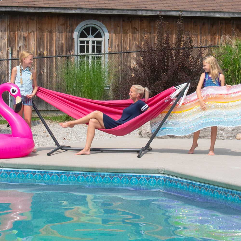 Double Polyester Hammock with Stand (9ft/280cm) - Hot Pink