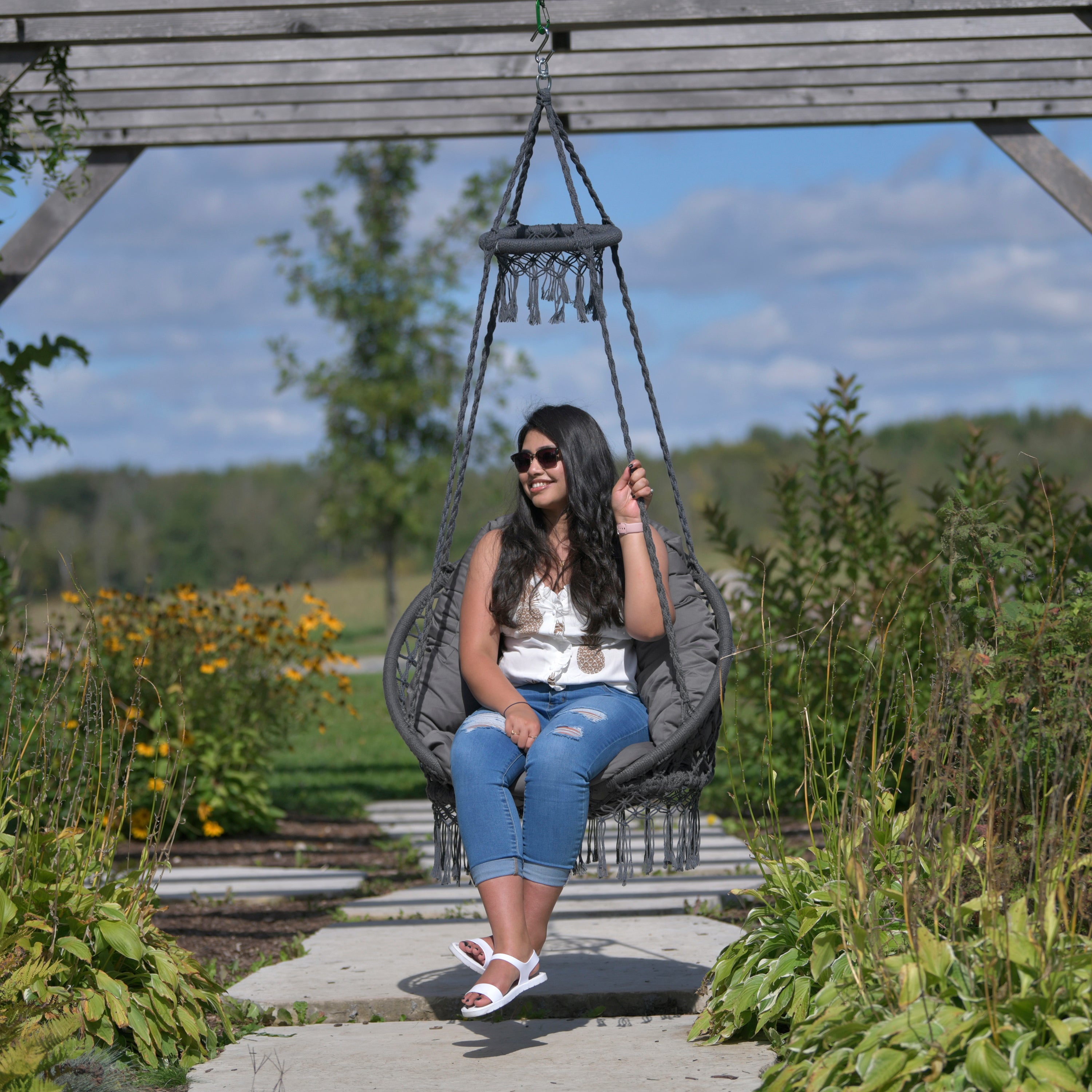 Deluxe Macrame Chair With Fringe - Fog Gray