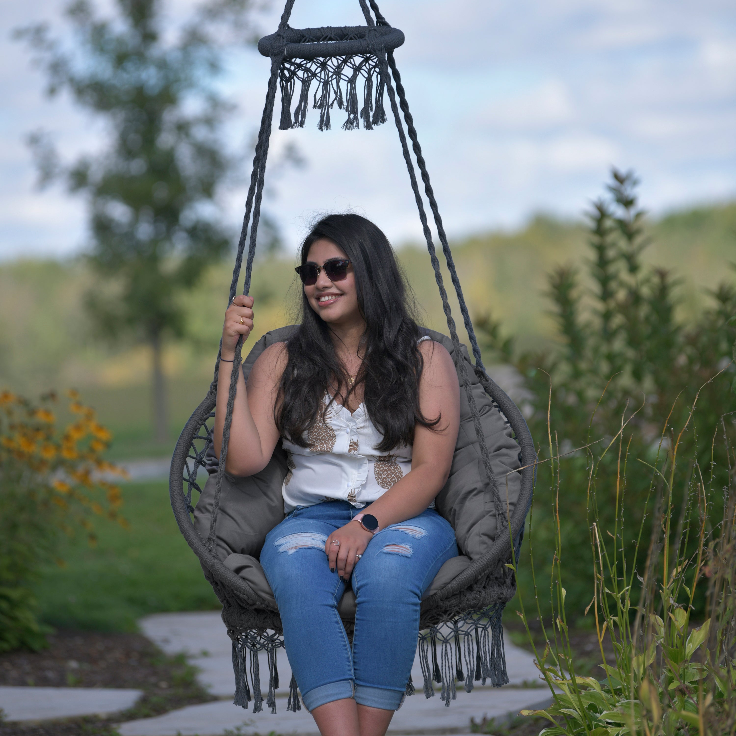 Deluxe Macrame Chair With Fringe - Fog Gray