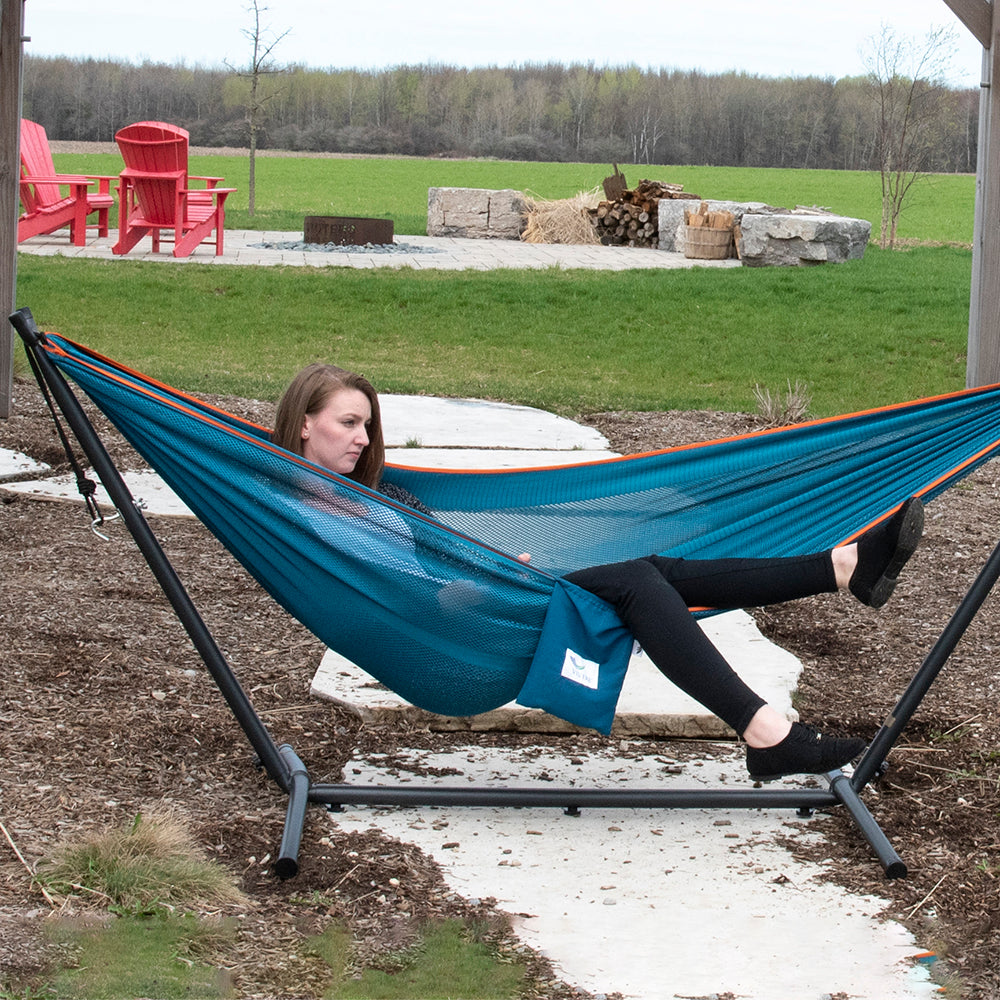 Double Mesh Hammock with Stand (9ft/280cm) - Blue & Orange