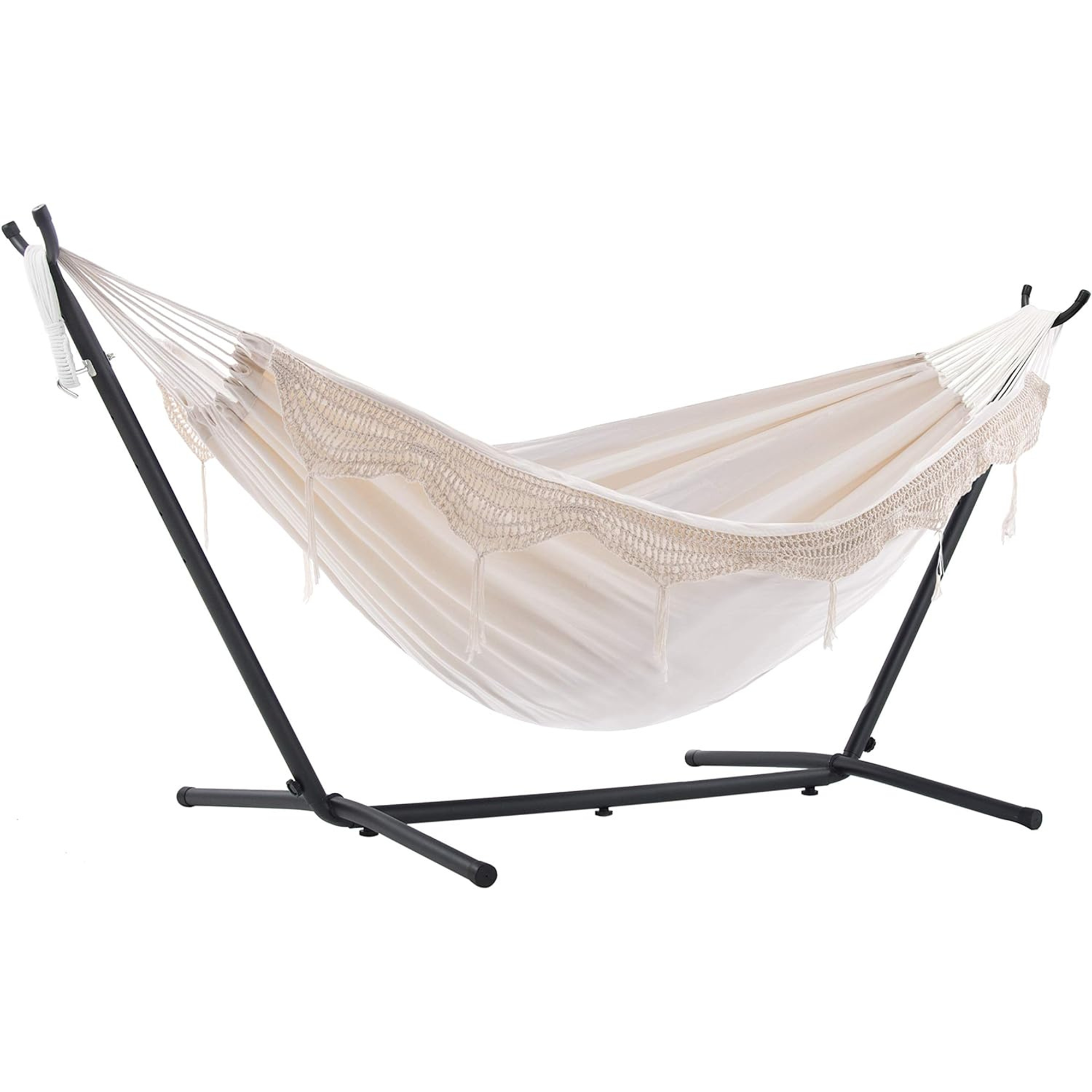 Double Cotton Hammock with Stand (9ft/280cm) - Natural with Fringe