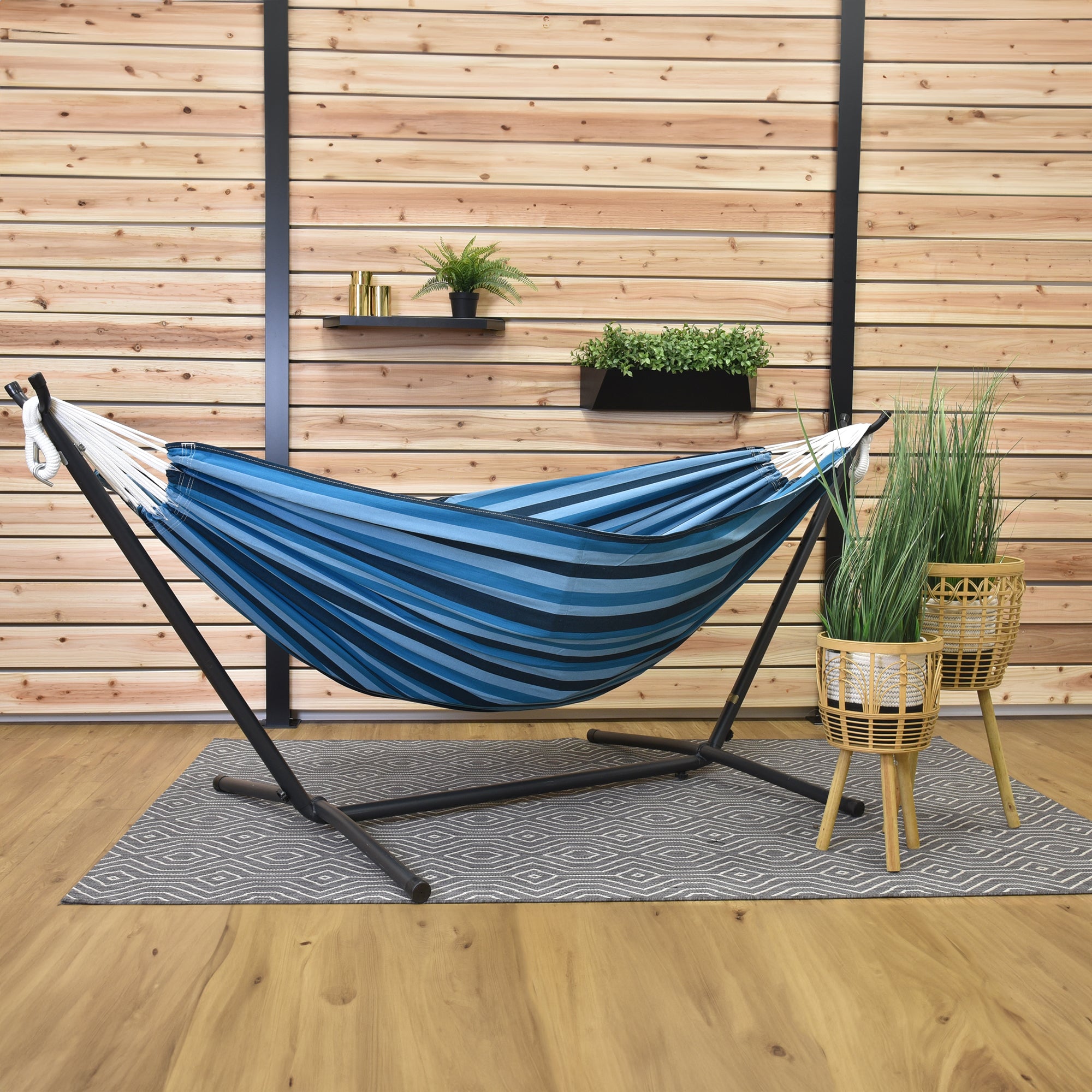 Double Cotton Hammock with Stand (9ft/280cm) - Blue Lagoon