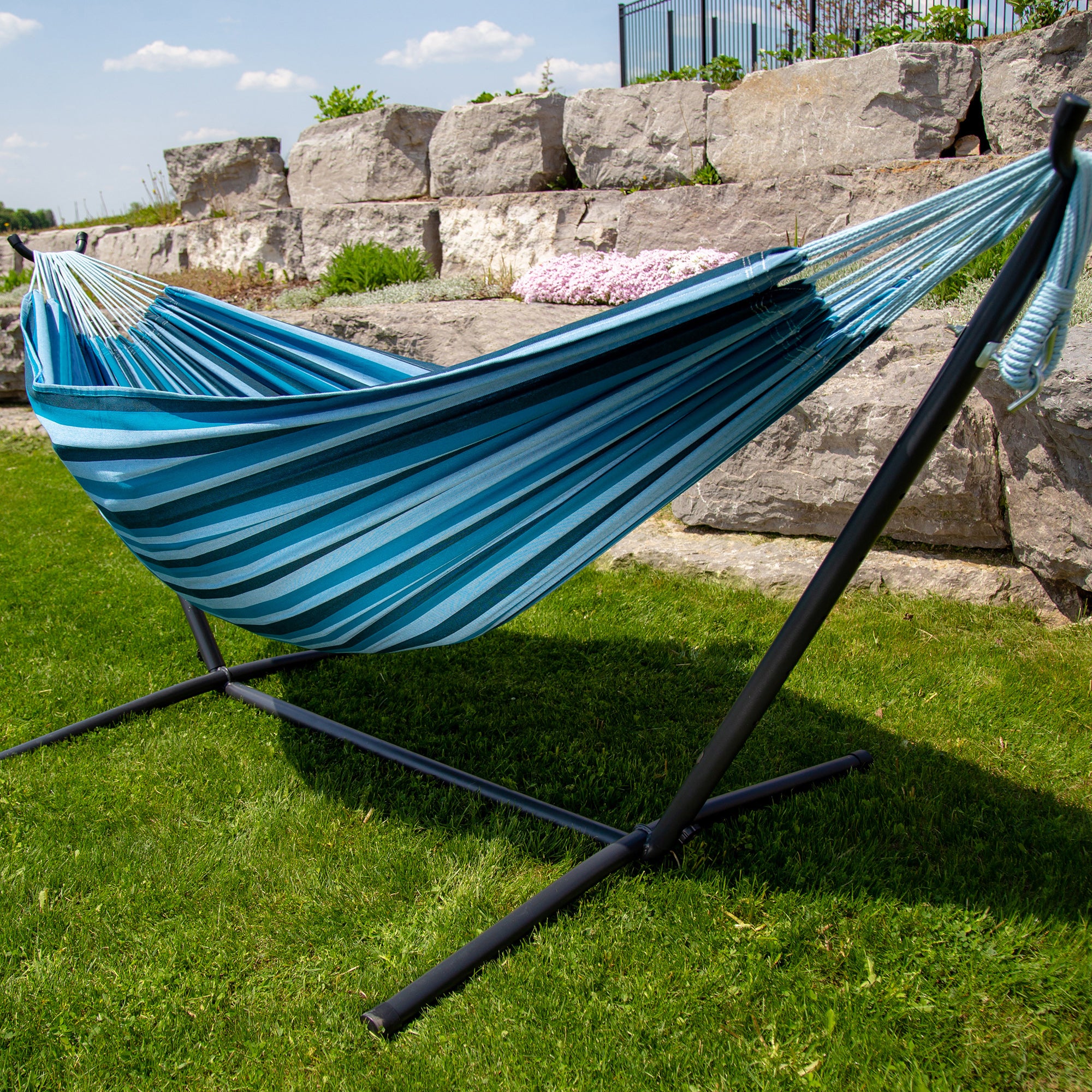 Vivere 9 ft. Double Cotton Hammock with Stand Blue Lagoon