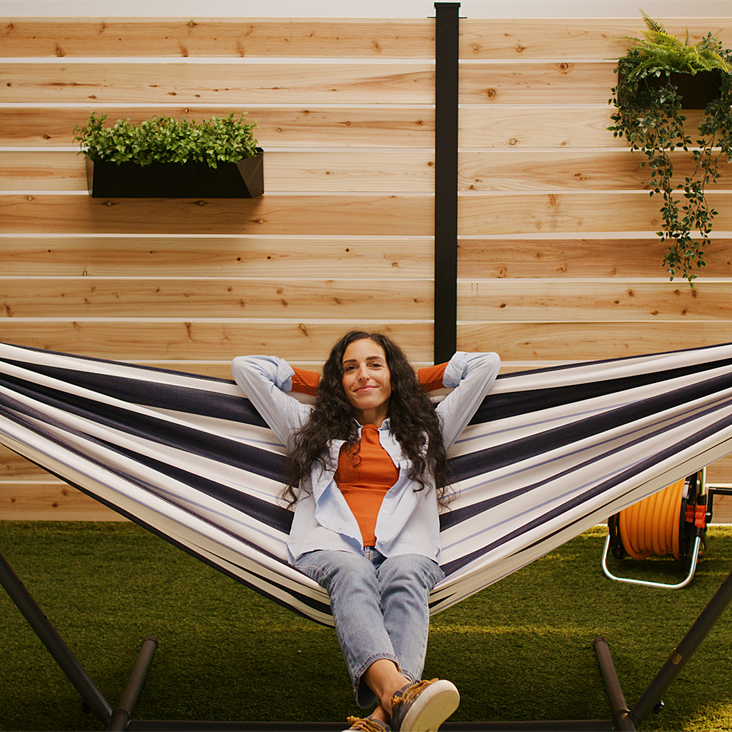 Vivere Double Sunbrella Hammock & Steel Stand, Portable Outdoor Lounge, Harbor